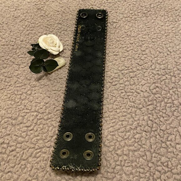 Black Leather Crystal Strap Bracelet Adjustable 9" - Picture 2 of 2